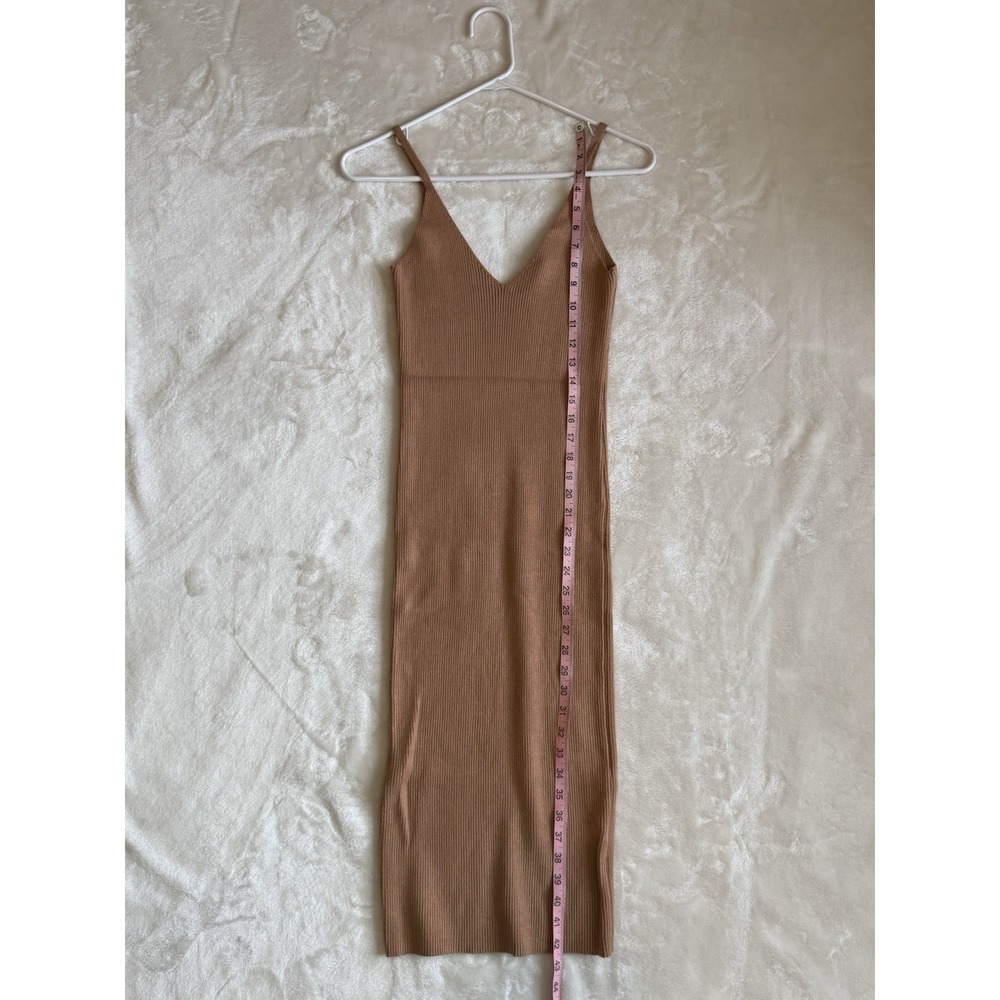Forever 21 Women Tan Ribbed Knit V-Neck Spaghetti Strap Midi Bodycon Dress Small - Picture 3 of 7